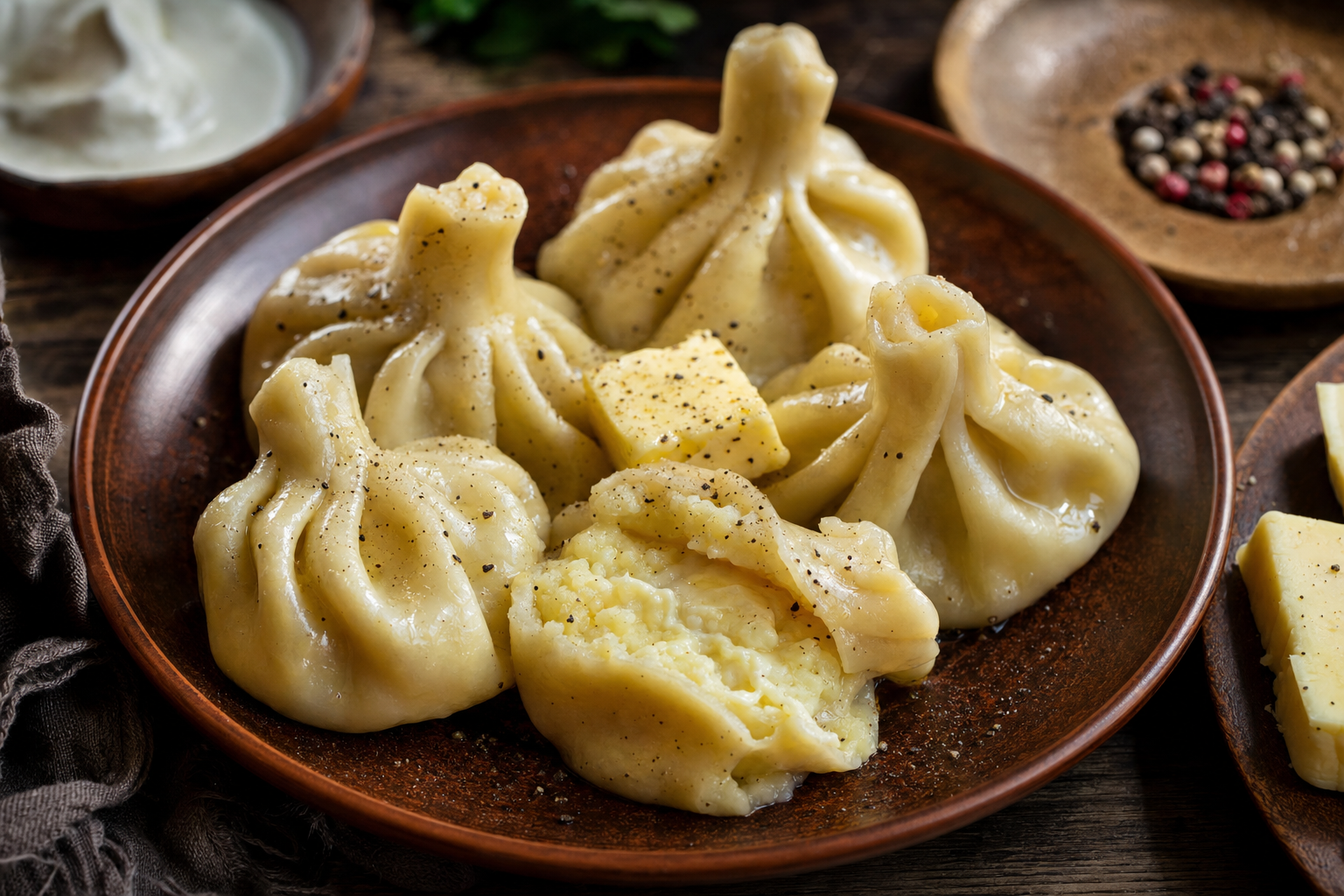 Kartopiliani Khinkali — Georgische Teigtaschen mit Kartoffelfüllung, Butter und frischem Pfeffer