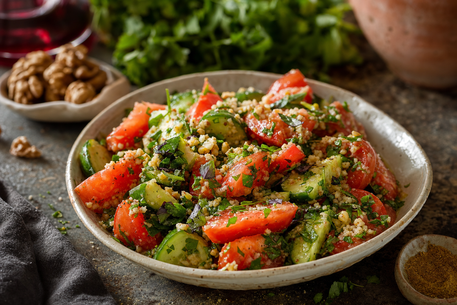 Kartuli Salata Nigvzit — Sommergemüse mit zerstoßenen Walnüssen, Kräutern und kachetischem Öl
