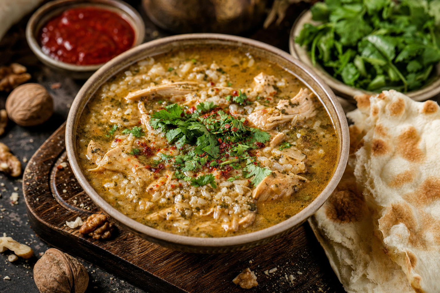 Katmis Kharcho — Georgische Hühnersuppe mit Walnüssen, Reis und Chmeli-Suneli