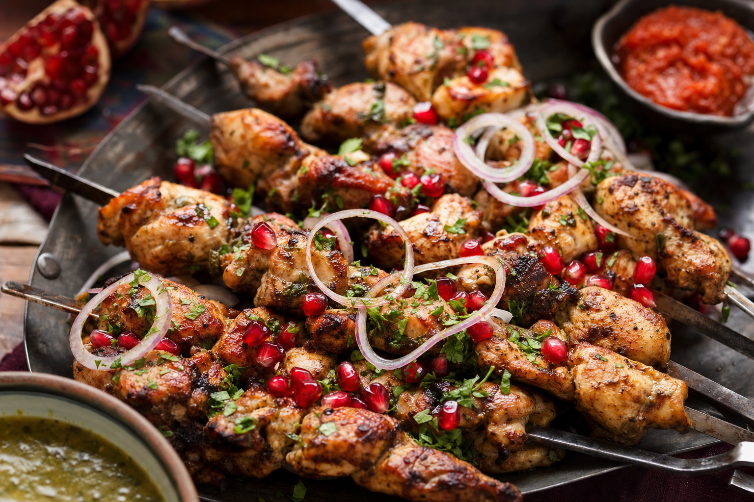 Katmis Mtsvadi — Hähnchenspieße vom Grill, in Tkemali mariniert, mit Zwiebeln und Granatapfel