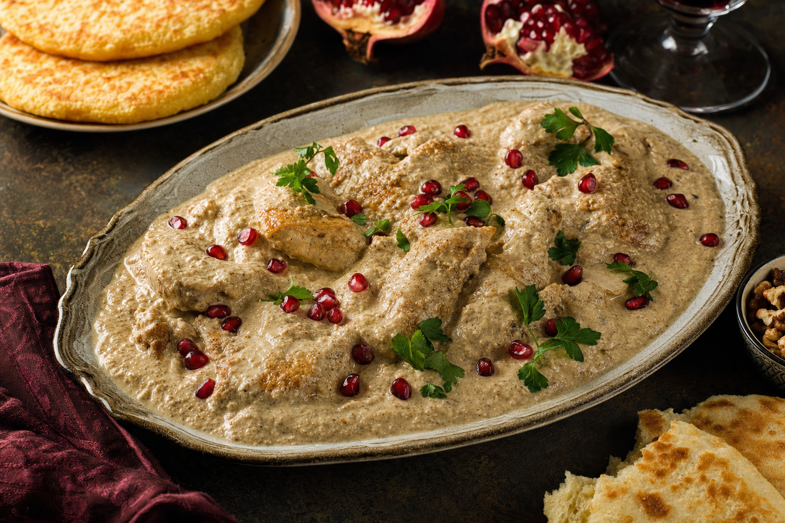 Katmis Satsivi — Huhn in kalter Walnusssauce mit Knoblauch, Gewürzen und Granatapfel