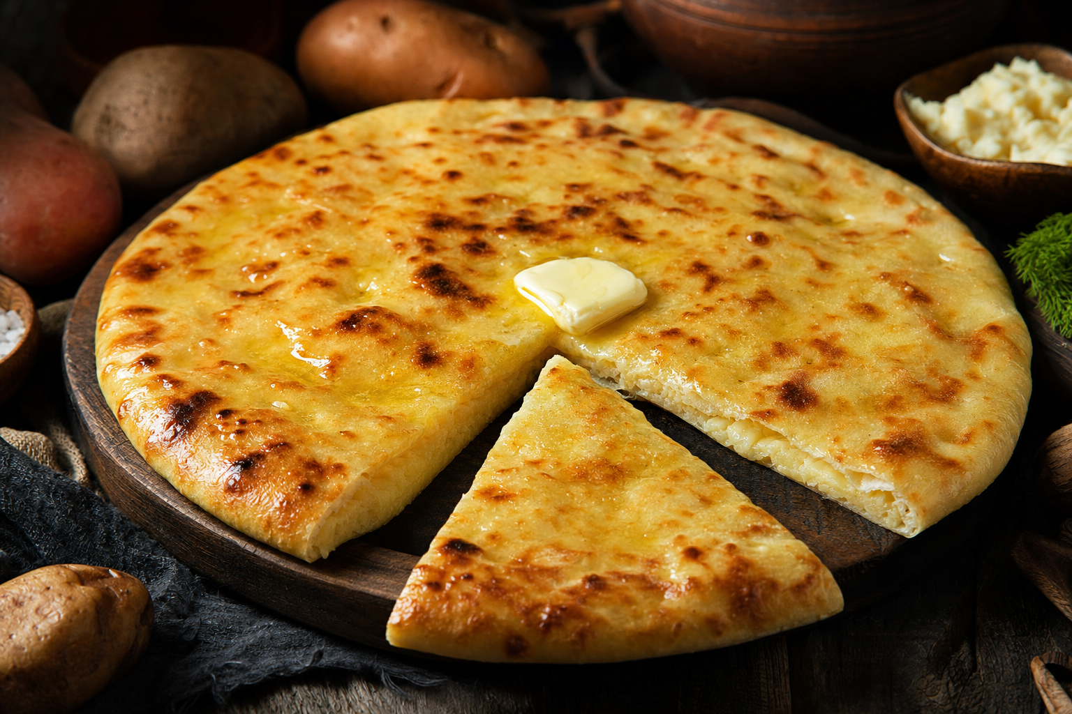 Khabidzgina — Ossetisches Käse-Kartoffel-Brot: dünn, heiß und frisch mit Butter bestrichen