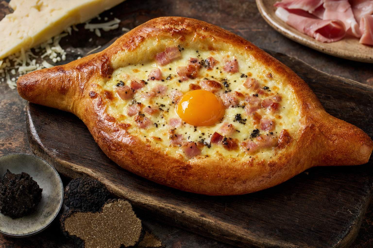 Khachapuri mit Käse und Schinken — Georgisches Käsebrot im Bootsformat – mit Schinken, Trüffel und Eigelb