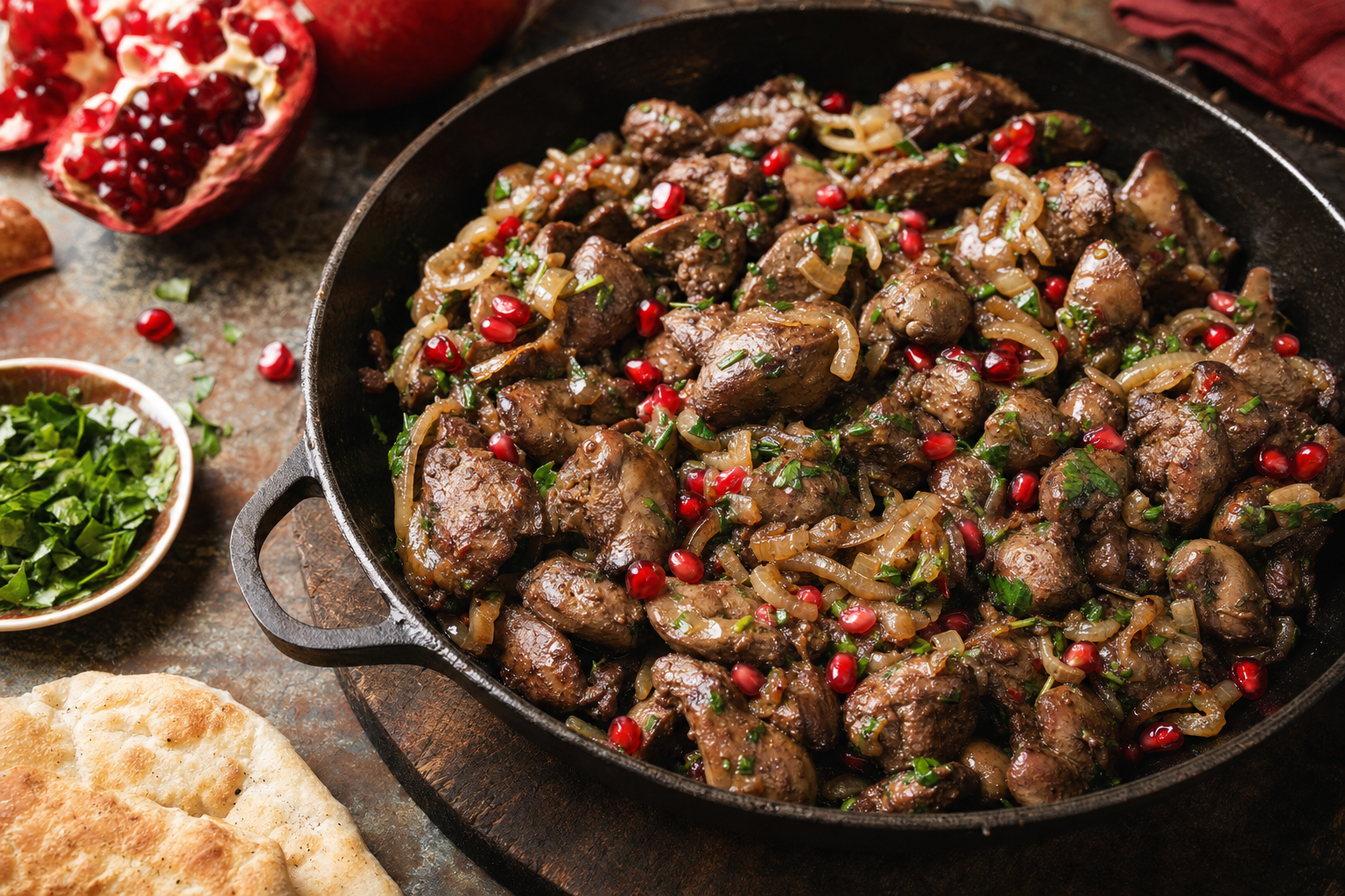 Kuchmachi — Georgisch geschmorte Innereien mit Knoblauch, Koriandergrün und Granatapfel
