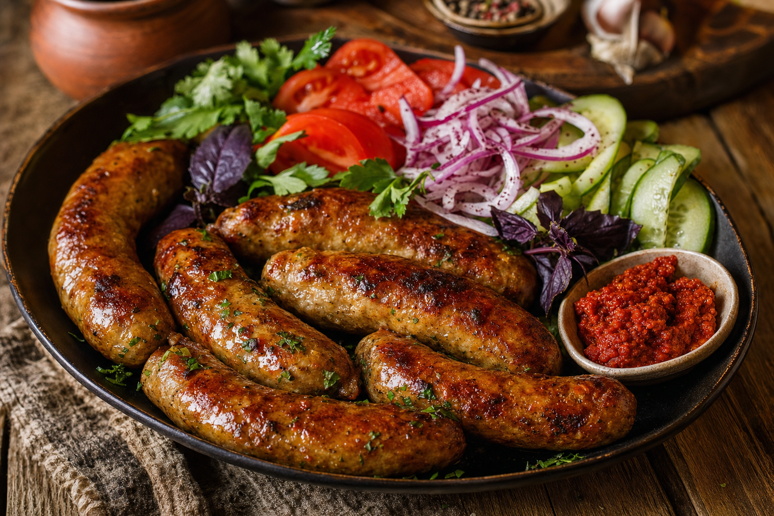 Kupati (Hähnchen) — Georgische Bratwurst aus Hähnchen, kräftig gewürzt mit Knoblauch und Paprika