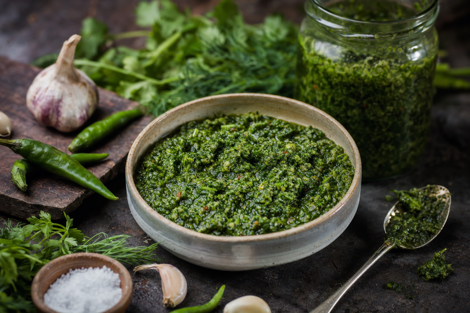 Grüne Adschika — Rohe Würzpaste aus grünen Chilis, Knoblauch und viel frischem Kraut