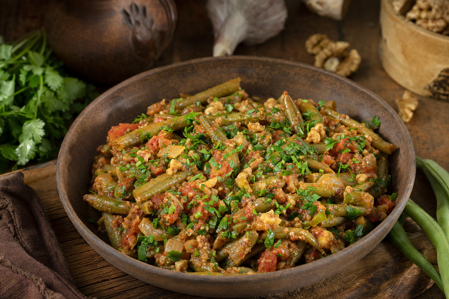 Lobio mit grünen Bohnen — Georgische Schmorbohnen mit Tomaten, Knoblauch, Koriandergrün und Walnüssen