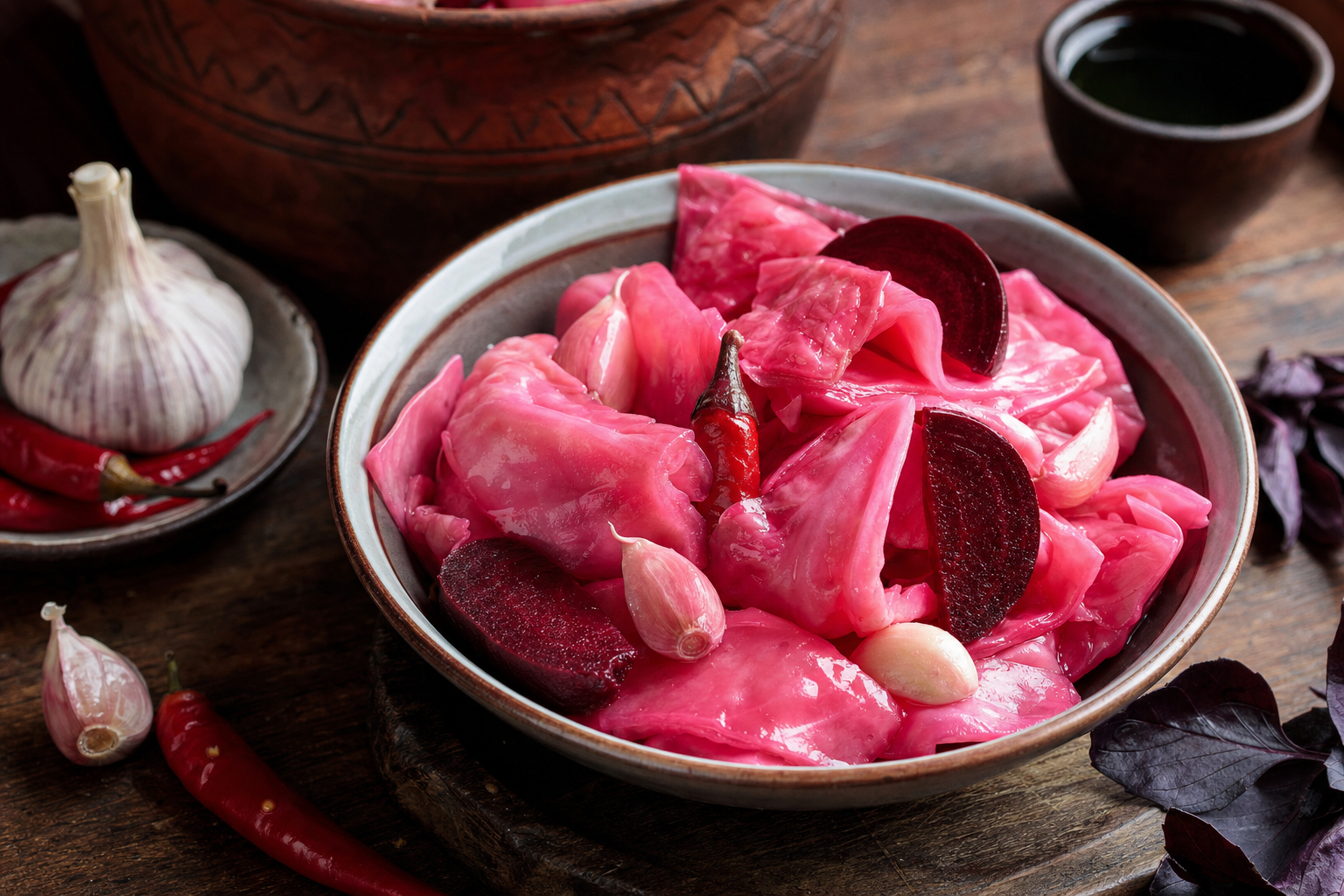Mzhave Kombosto — Knackiger Kohl in Salzlake, rosa gefärbt von Roter Bete, mit Knoblauch und Chili