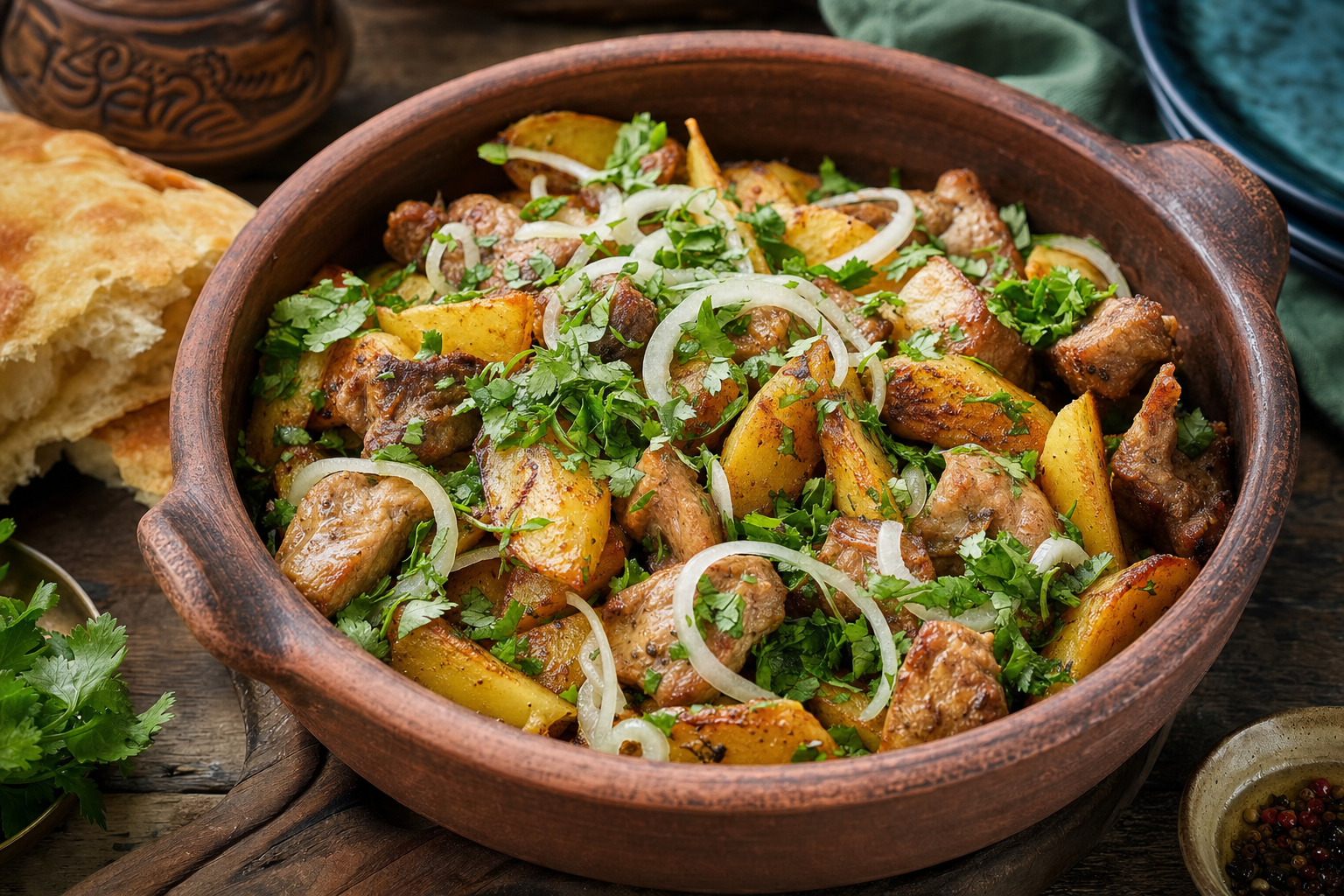 Odschachuri — Georgische Pfanne mit Schweinefleisch, knusprigen Kartoffeln und Koriandergrün