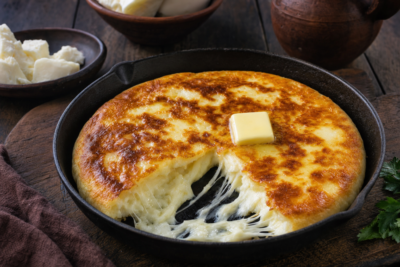 Zarmatsuli Khachapuri — Fauler Khachapuri: flüssiger Käseteig, in der Pfanne goldbraun gebacken